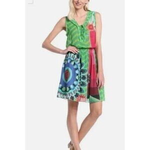 Desigual Dress Womens Medium Green Damen Kleid Smocked Waist Artsy Boho Colorful